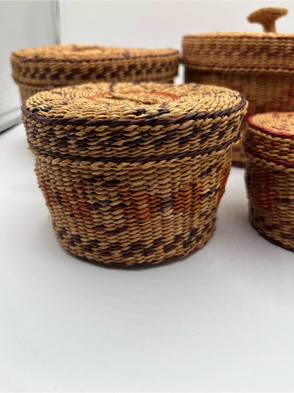 Vintage Handwoven Baskets with Lids - Set of 5